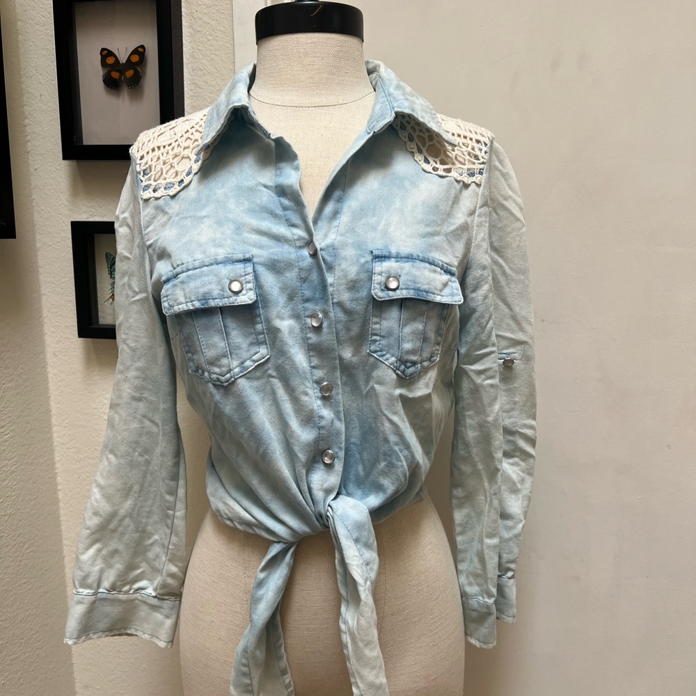 Windsor Light Blue Tie-Front Denim Shirt with Lace Yoke